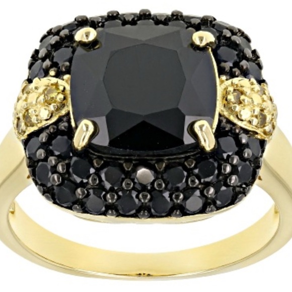 JTV Jewelry - Black Spinel 18k Yellow Gold Over Silver Ring 5.69 CTW. Ring Size 9.5